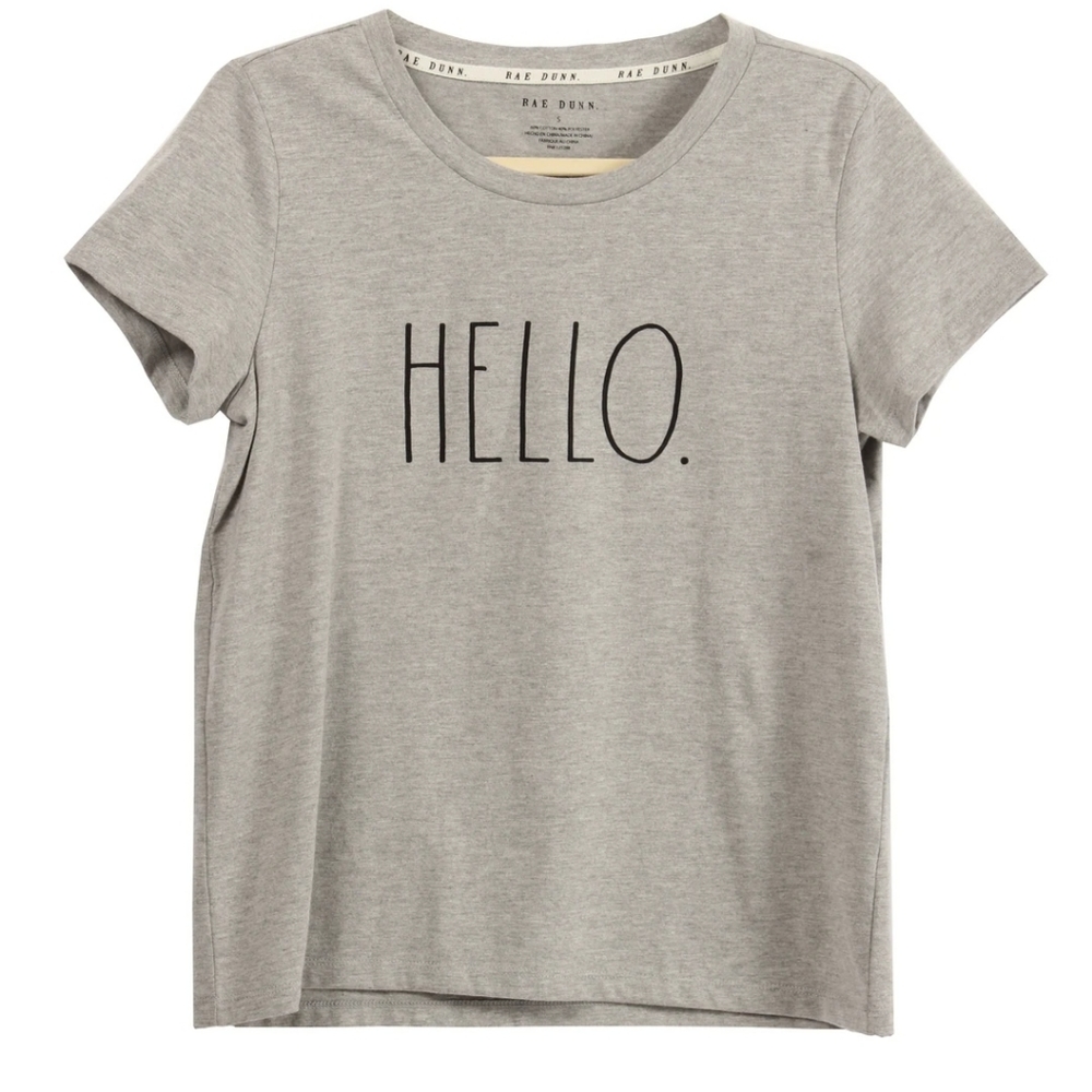 Rae Dunn Womans Hello Grey Short Sleeve Shirt Size XS